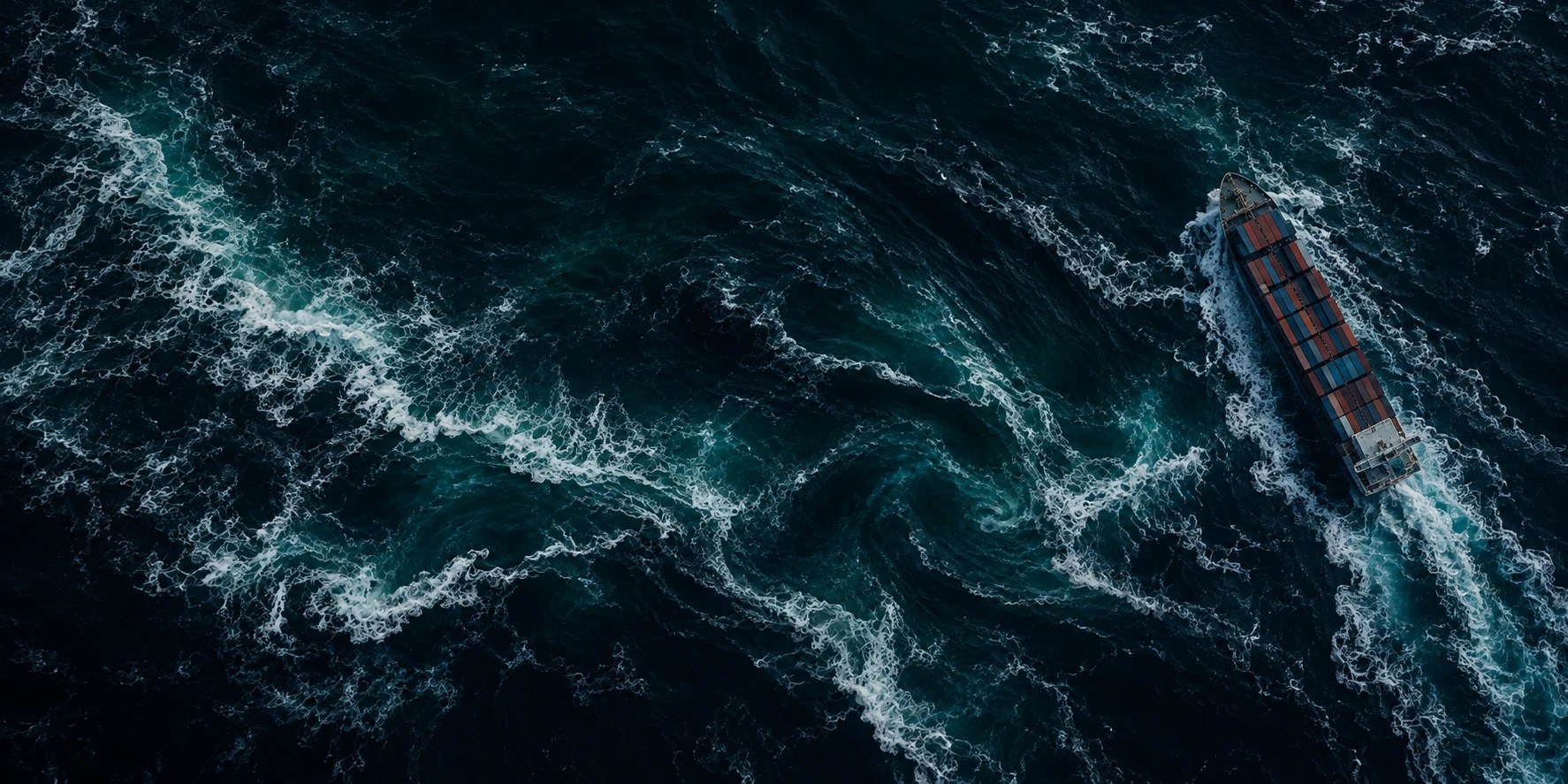 Aerial view of a container ship crossing a rough, dark sea